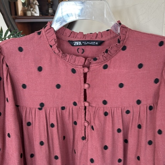 ZARA Mauve Polka Dot Long Balloon Sleeve Ruffle Smock Mini Dress Drop Waist - Picture 5 of 14